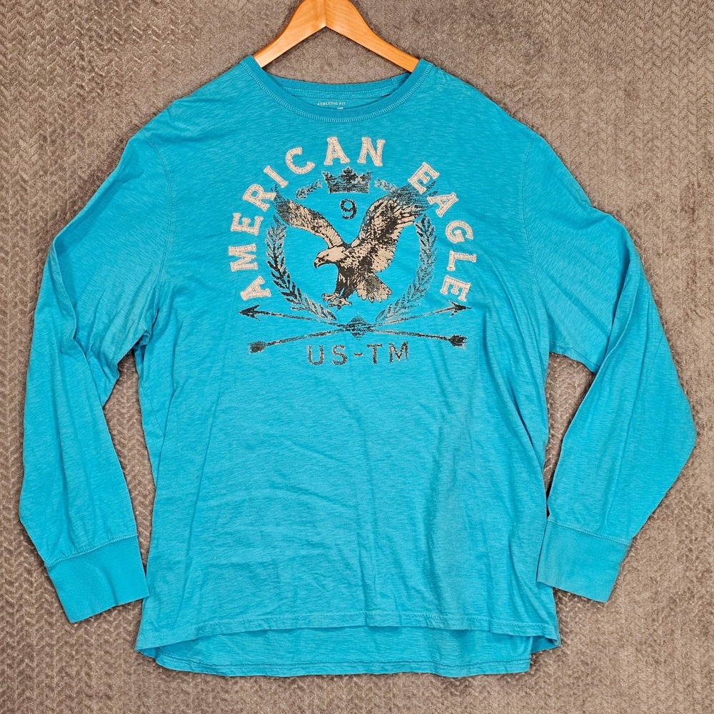 American Eagle Outfitters Mens 3XL Turquoise Eagle Graphic Long Sleeve T-Shirt